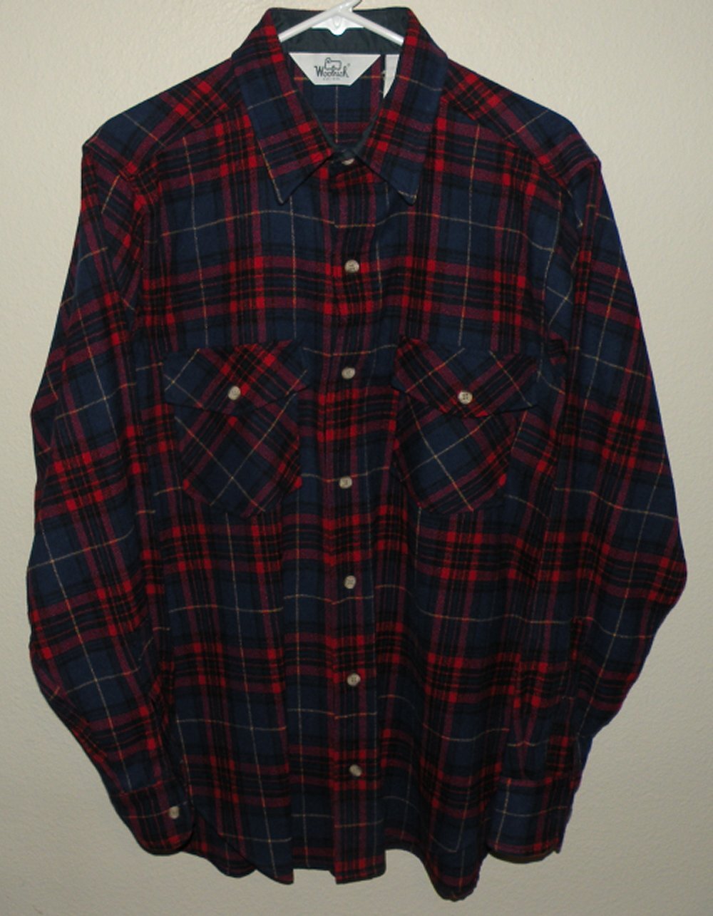 Vtg 80s Woolrich Men’s Large LS Button Wool Flannel Shirt Red Navy Plaid USA